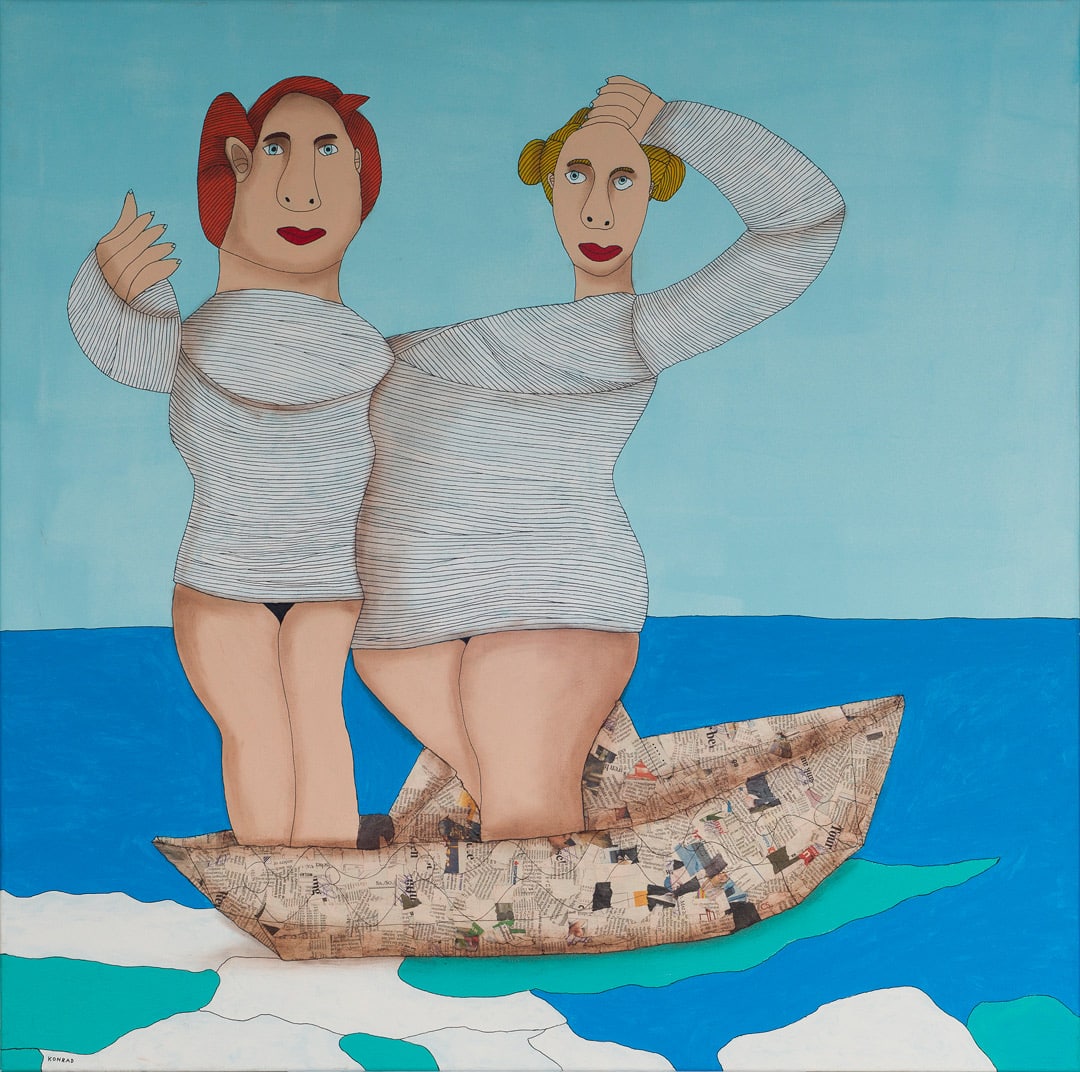Randkunst Gemälde mit zwei Frauen auf einem Boot