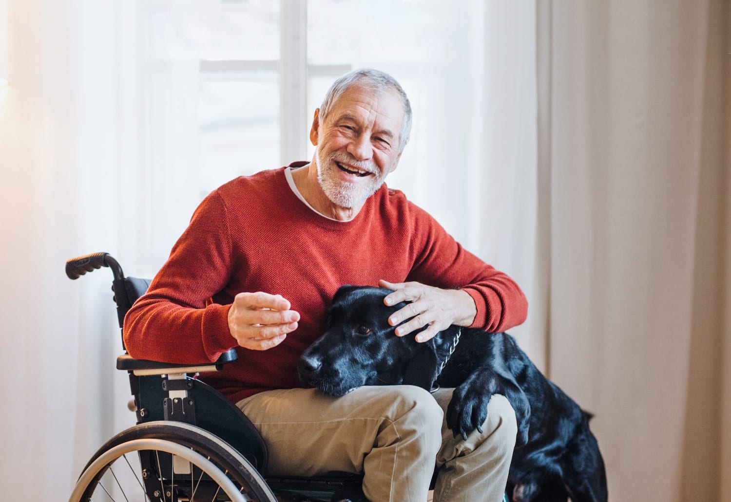 Senior im Rollstuhl mit Hund auf Schoß in teilzeitbetreutem Wohnen