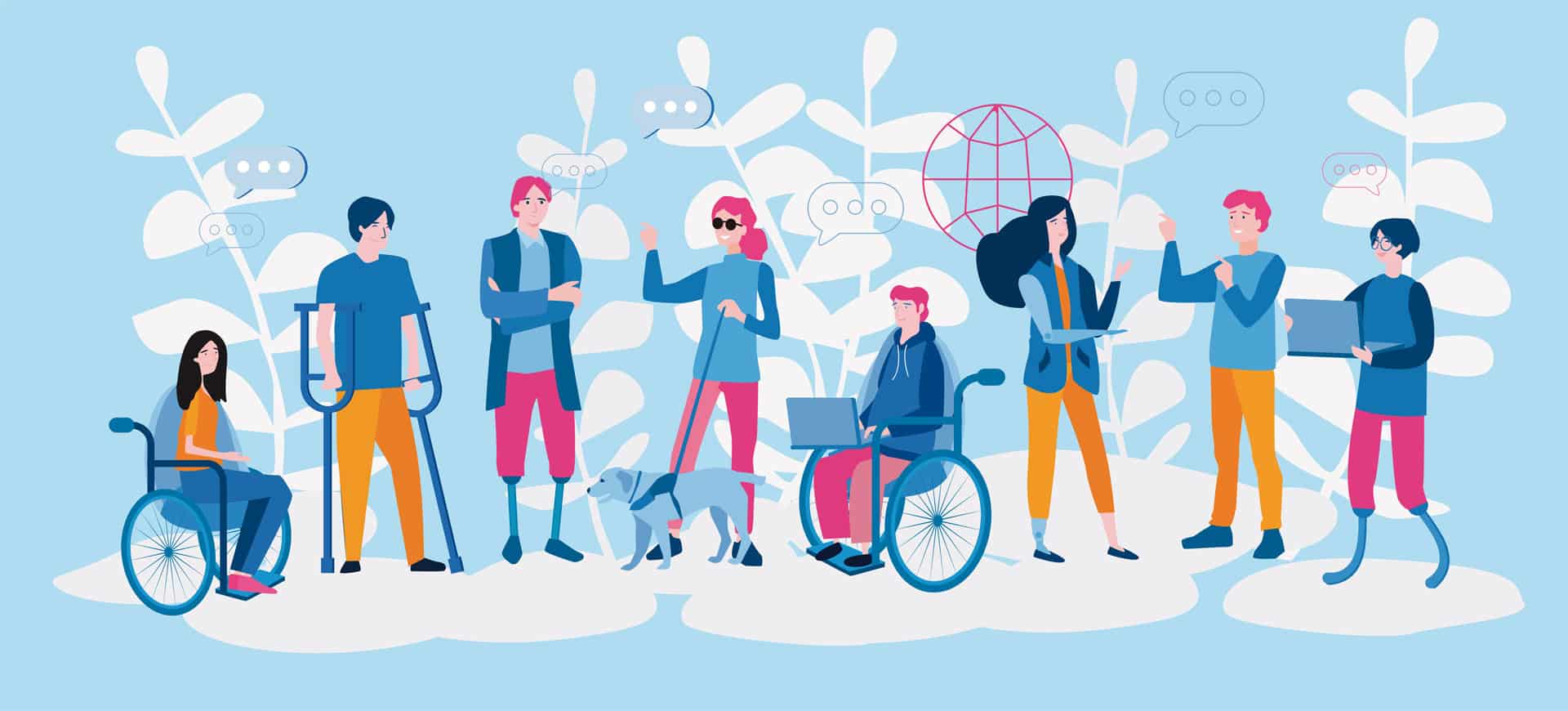 Illustration von einer inklusiven Gruppe an Menschen, manche im Rollstuhl, andere mit Sehbehinderung
