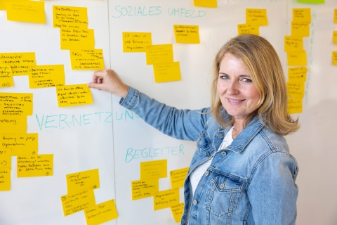 LebensGroß Projektleiterin vor White Board mit vielen gelben Post-Its und Notizen
